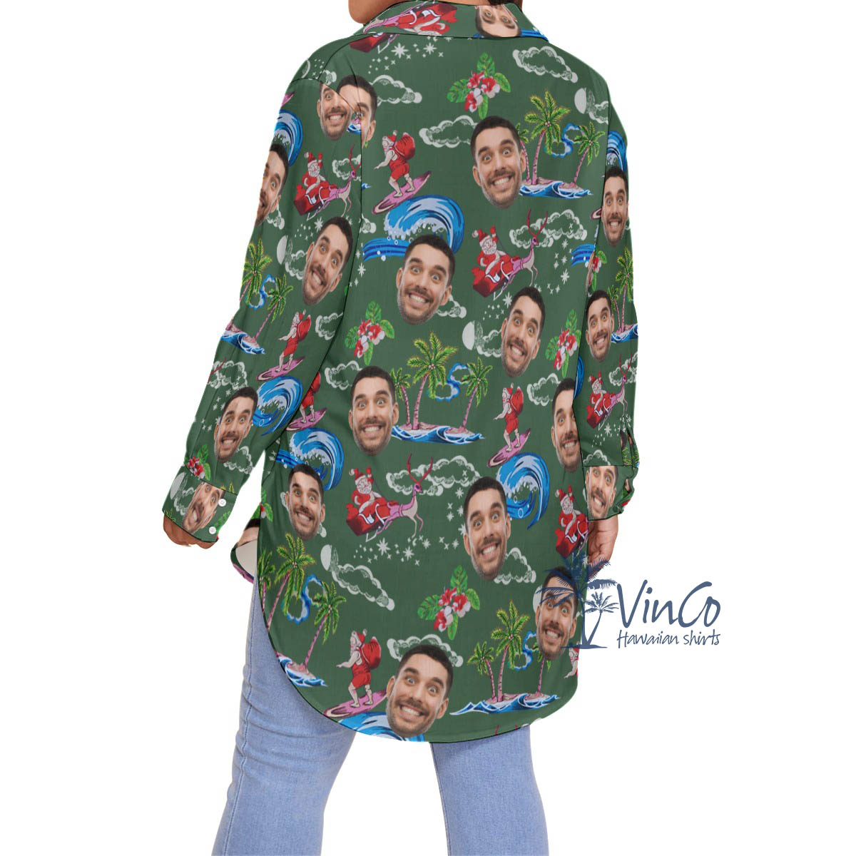 Funny Custom Face Santa Surfing Green Hawaiian Plus Size Shirt