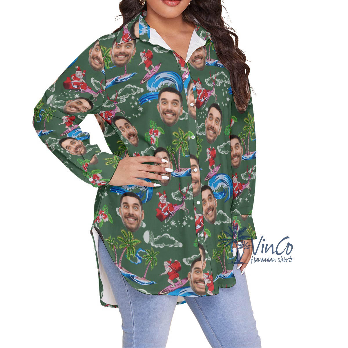 Funny Custom Face Santa Surfing Green Hawaiian Plus Size Shirt