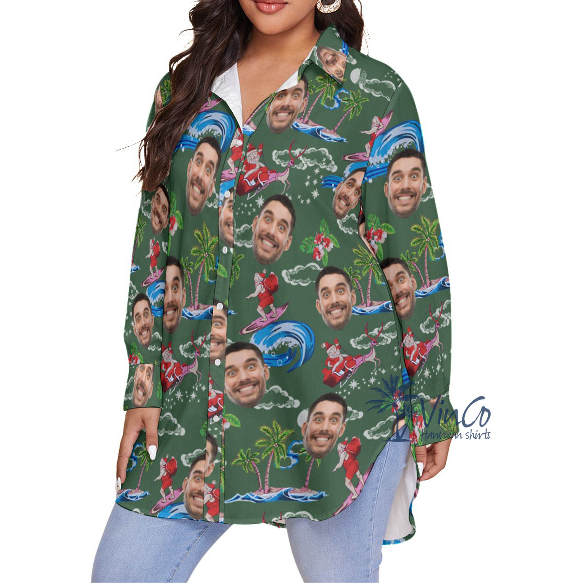 Funny Custom Face Santa Surfing Green Hawaiian Plus Size Shirt