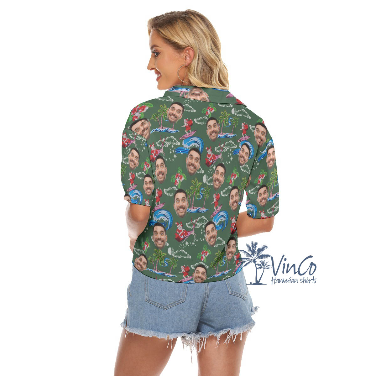 Funny Santa Surfing Christmas Hawaiian Crop Top Shirt With Custom Face