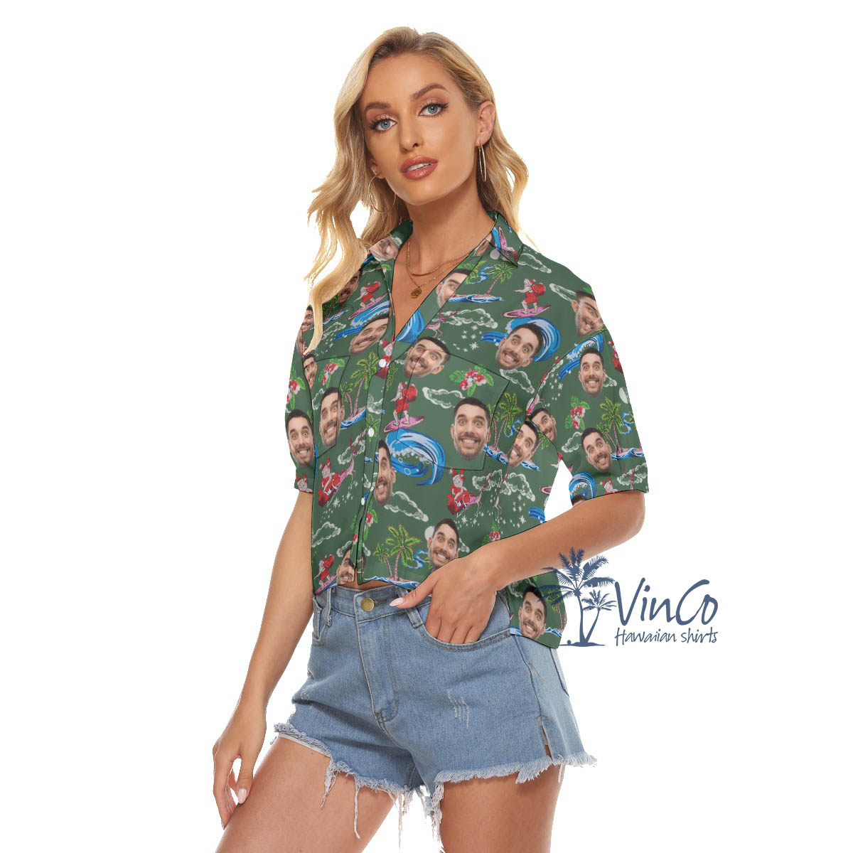 Funny Santa Surfing Christmas Hawaiian Crop Top Shirt With Custom Face
