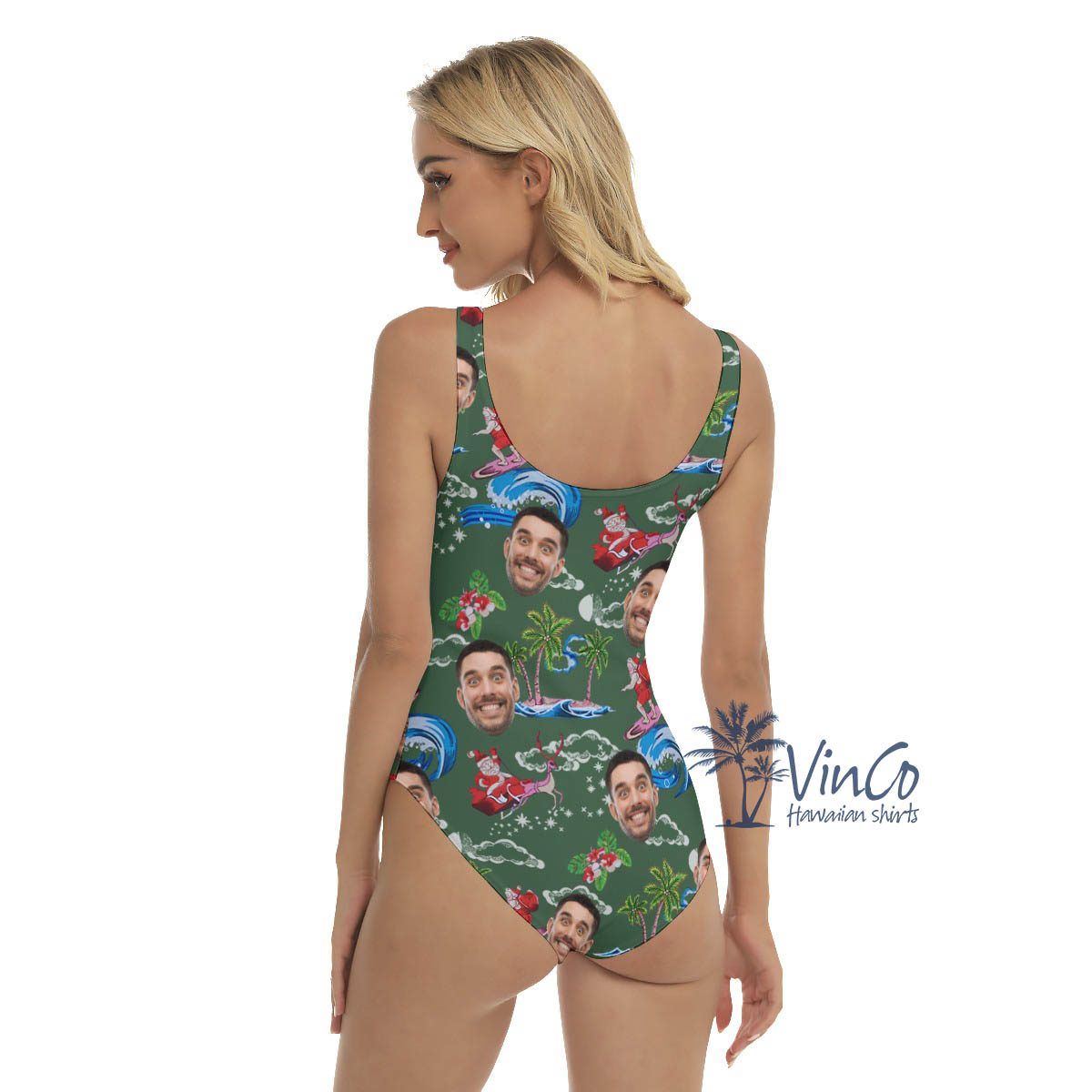 Funny Custom Face Surfing Santa Christmas Hawaiian Swimsuit