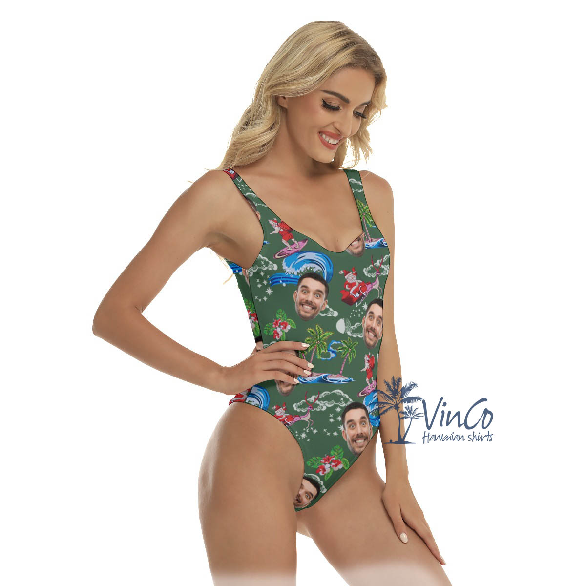Funny Custom Face Surfing Santa Christmas Hawaiian Swimsuit