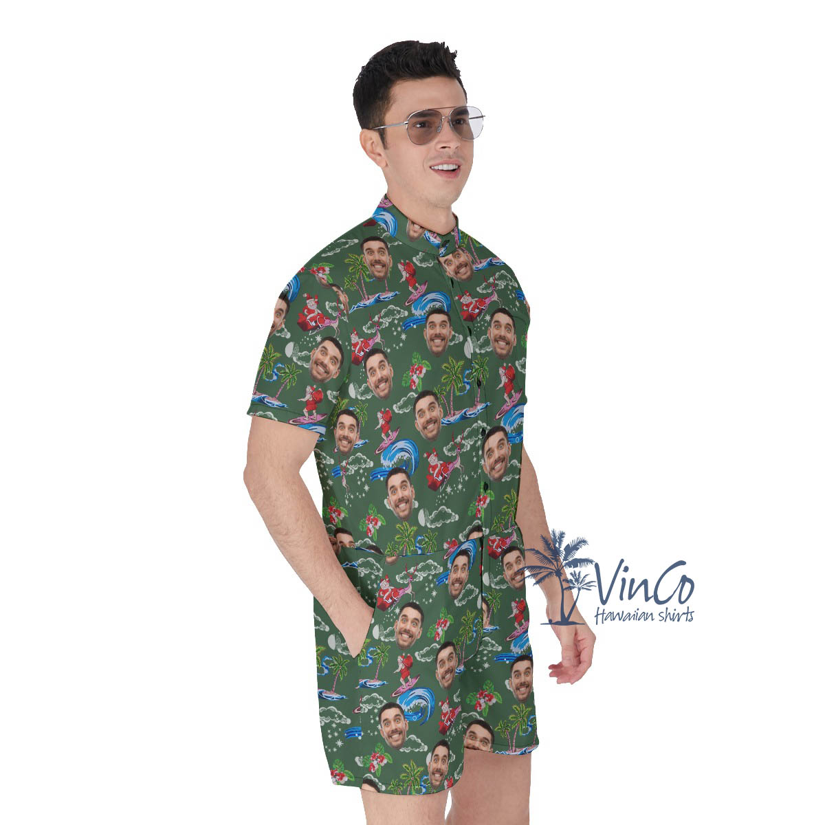 Funny Surfing Santa Custom Face Christmas Hawaiian Romper For Men