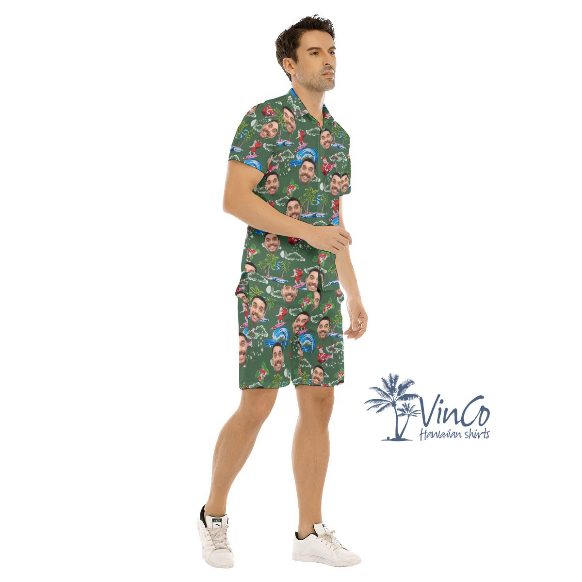 Set Tropical Custom Face Santa Christmas Hawaiian Shirt And Shorts For Men