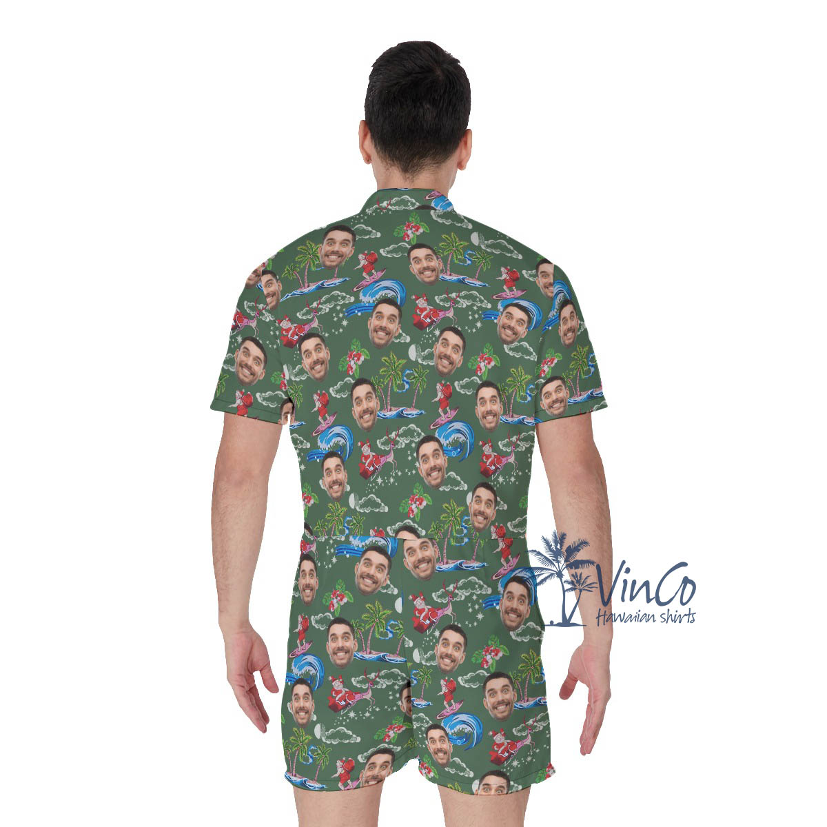 Funny Surfing Santa Custom Face Christmas Hawaiian Romper For Men