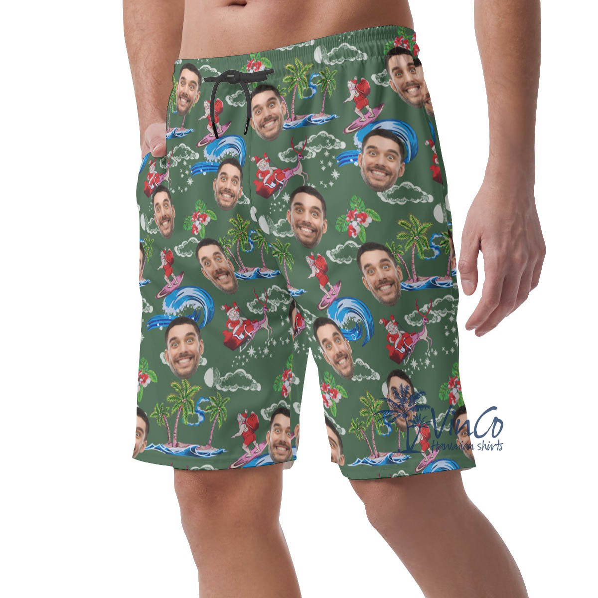 Funny Custom Face Santa Christmas Green Hawaiian Beach Shorts For Men