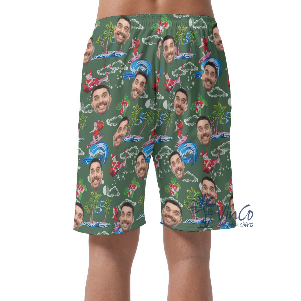 Funny Custom Face Santa Christmas Green Hawaiian Beach Shorts For Men
