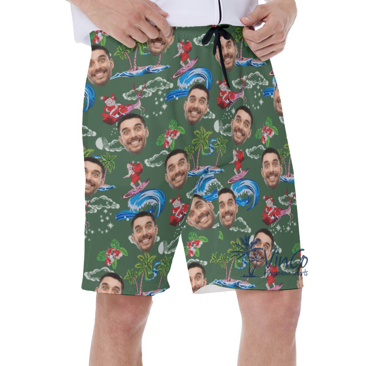 Funny Custom Face Santa Surfing Christmas Hawaiian Swim Trunks For Men