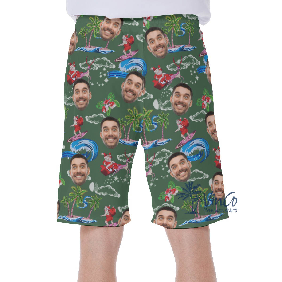 Funny Custom Face Santa Surfing Christmas Hawaiian Swim Trunks For Men