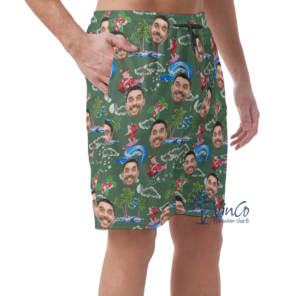 Funny Custom Face Santa Christmas Green Hawaiian Beach Shorts For Men