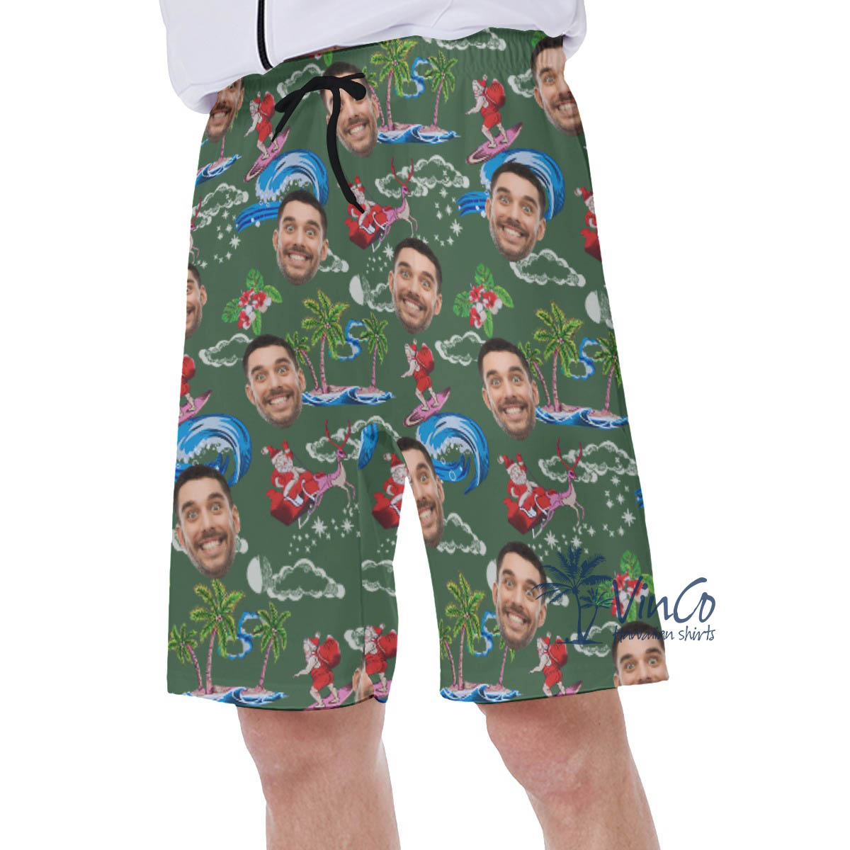 Funny Custom Face Santa Surfing Christmas Hawaiian Swim Trunks For Men