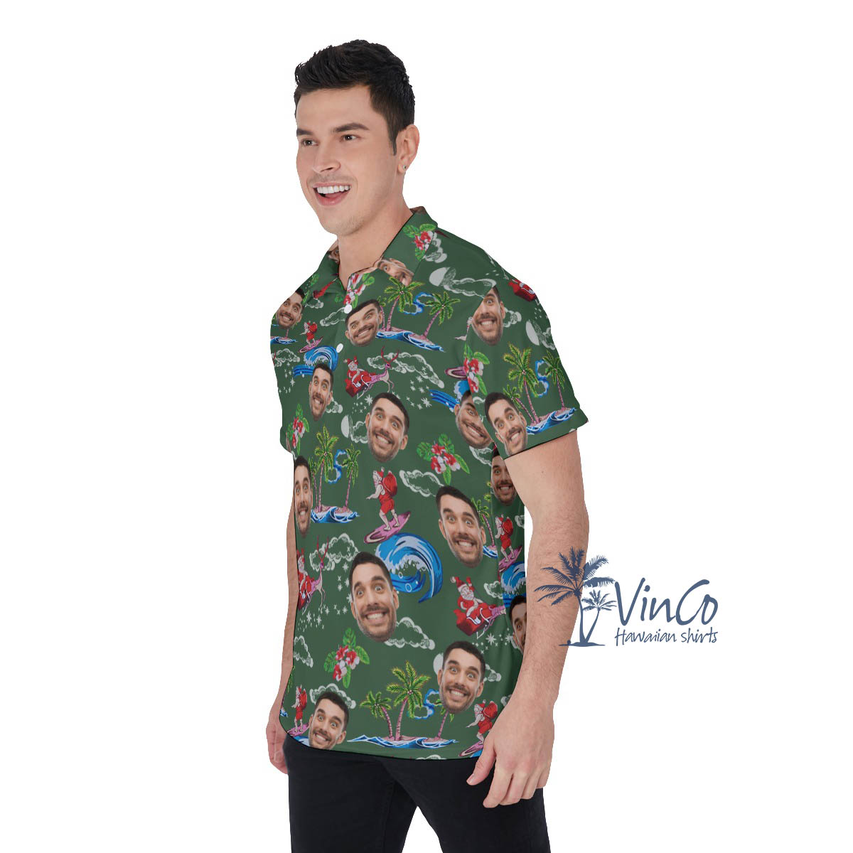 Funny Christmas Santa Surfing Custom Face Hawaiian Polo Shirt