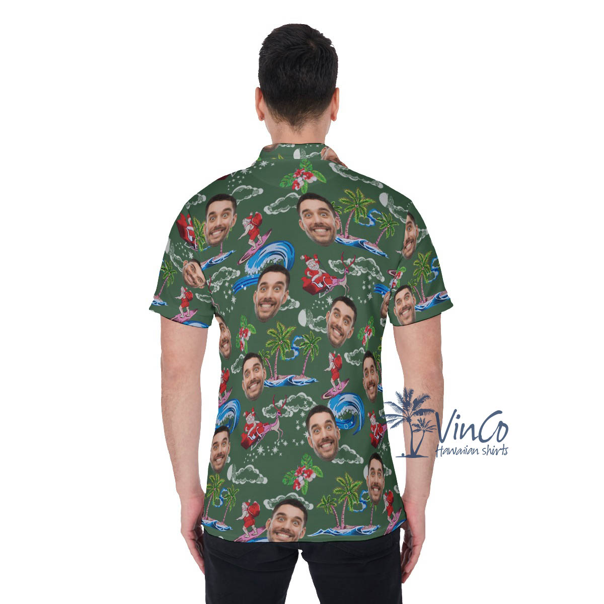 Funny Christmas Santa Surfing Custom Face Hawaiian Polo Shirt