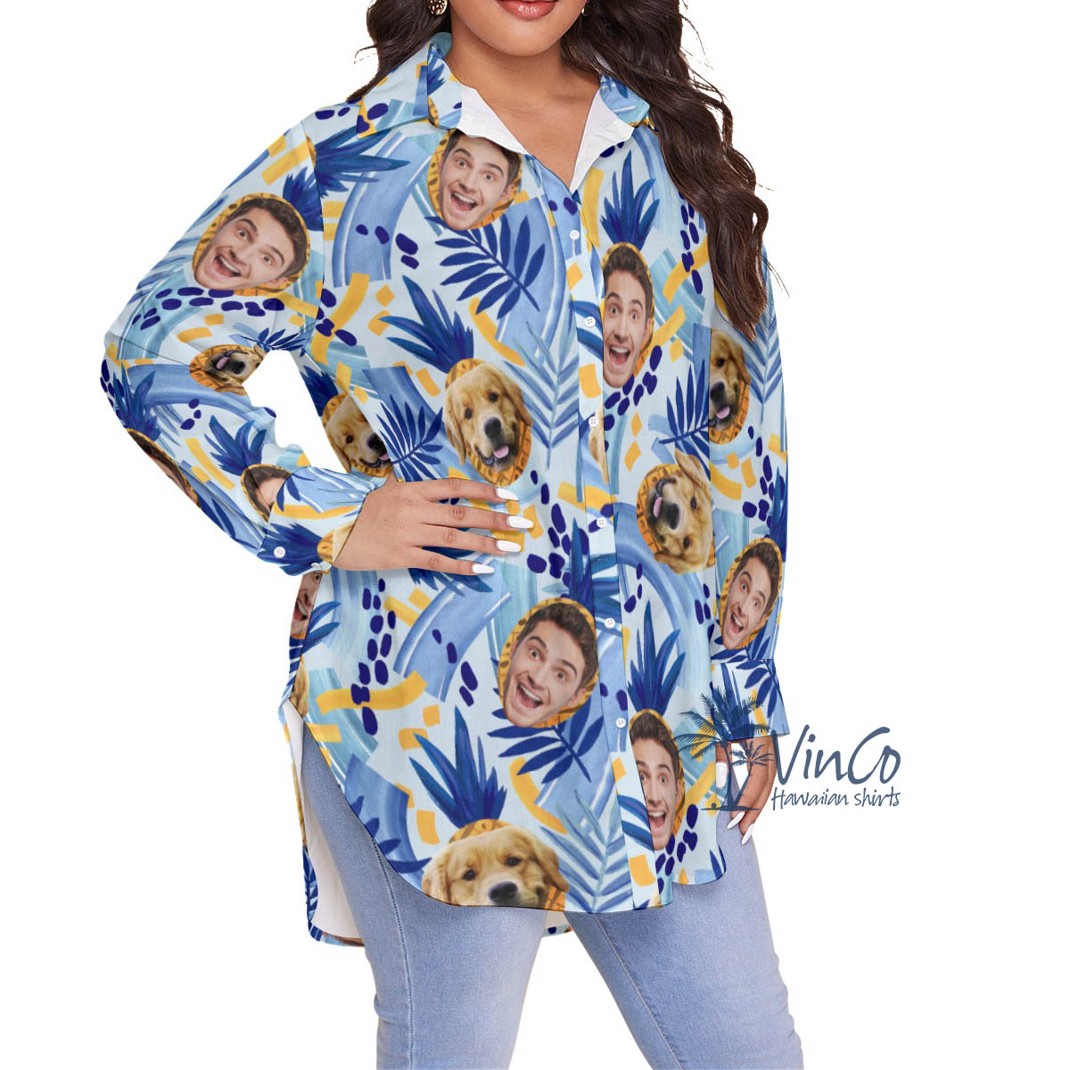 Custom Tropical Pineapple Plus Size Long Sleeve Shirt For Women