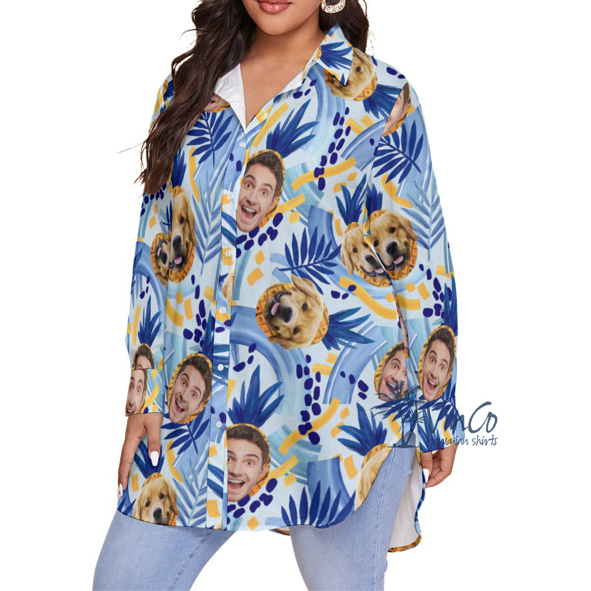 Custom Tropical Pineapple Plus Size Long Sleeve Shirt For Women