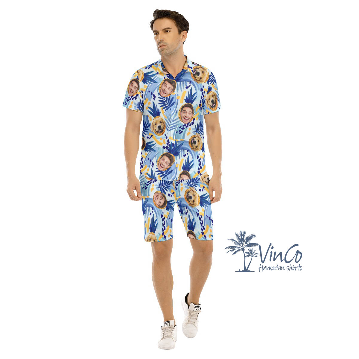 Custom Human And Dog Face Hawaii Shirt Shorts For Men - variant image 1