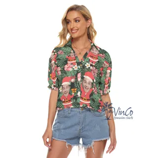 Funny Santa Claus Custom Face Christmas Hawaiian Crop Top Shirt