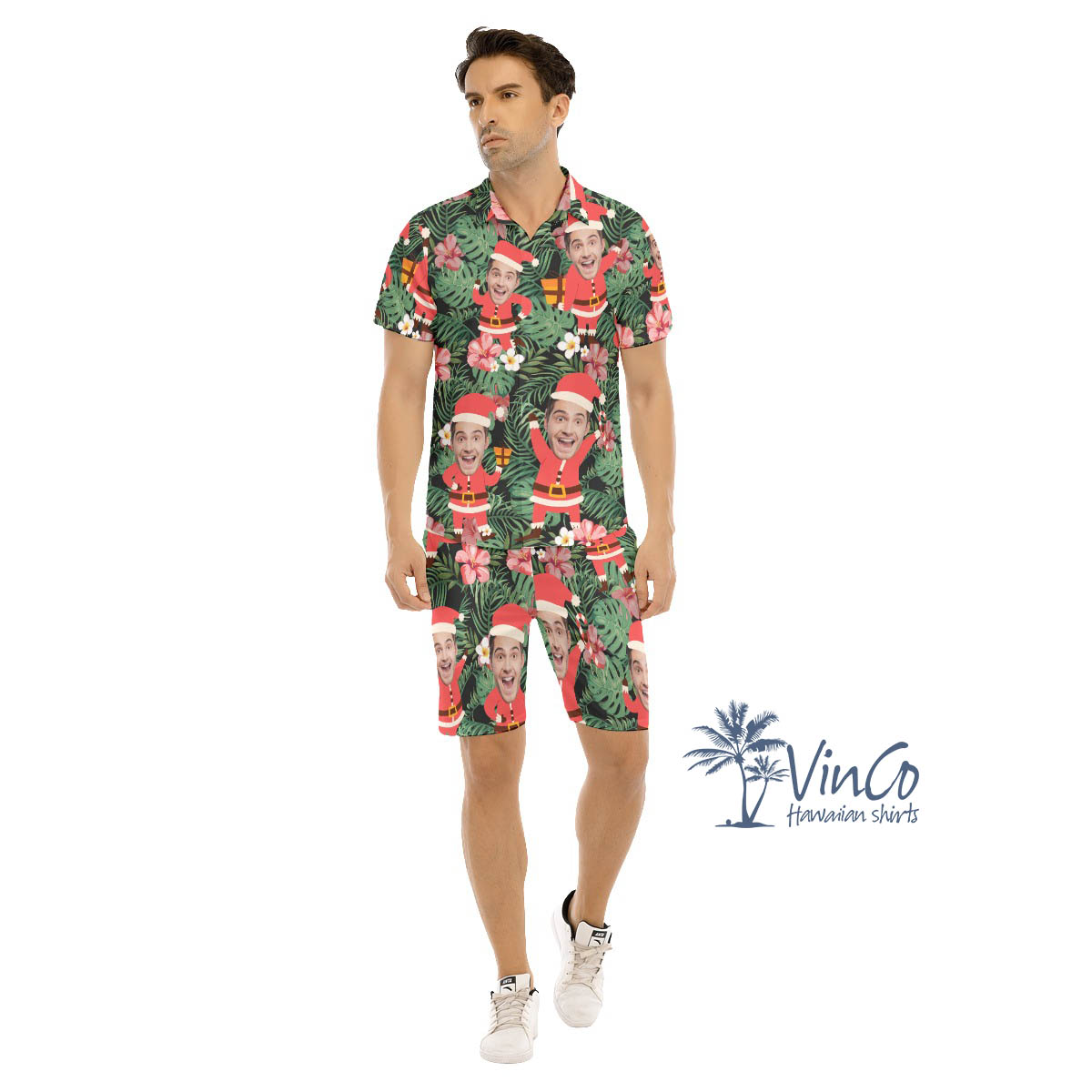 Set Custom Face Santa Claus Christmas Hawaiian Shirt And Shorts For Men - variant image 1