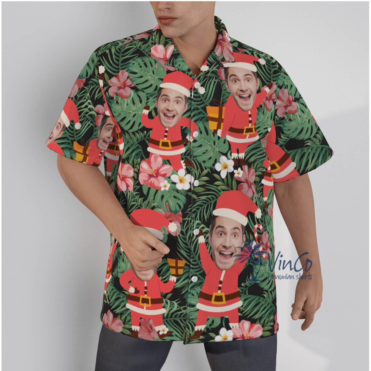 Funny Custom Face Santa Claus Floral Hawaiian Shirt - variant image 1