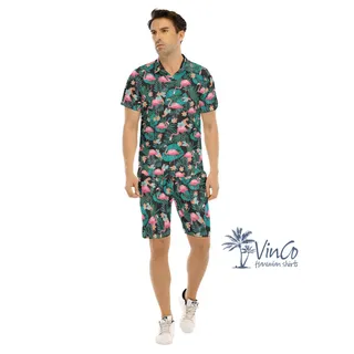 Pink Flamingo Tropical Button Shirt Set For Men