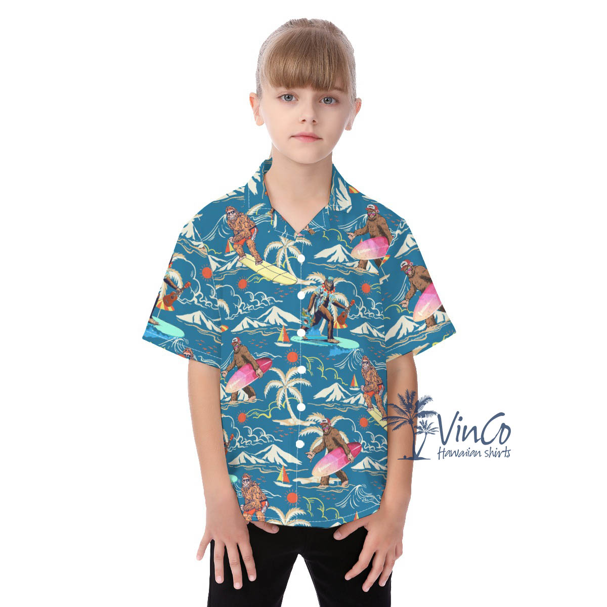 Blue Bigfoot Beach Hawaiian Button Up Shirt For Kids - variant image 1