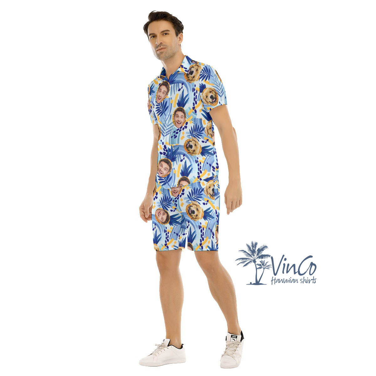 Custom Human And Dog Face Hawaii Shirt Shorts For Men