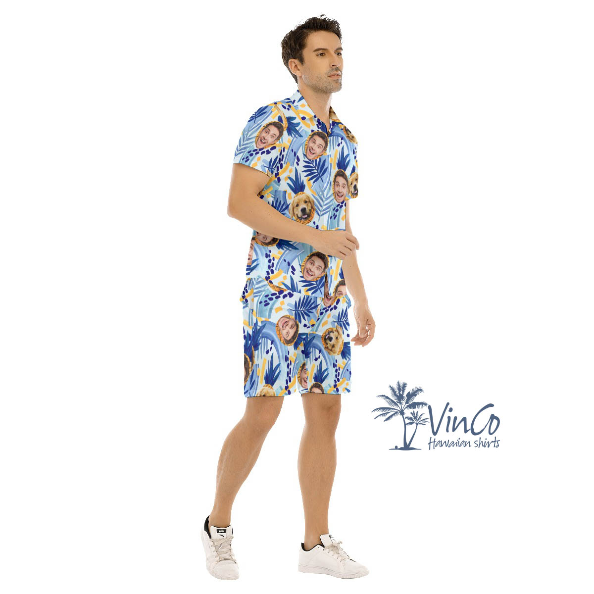 Custom Human And Dog Face Hawaii Shirt Shorts For Men
