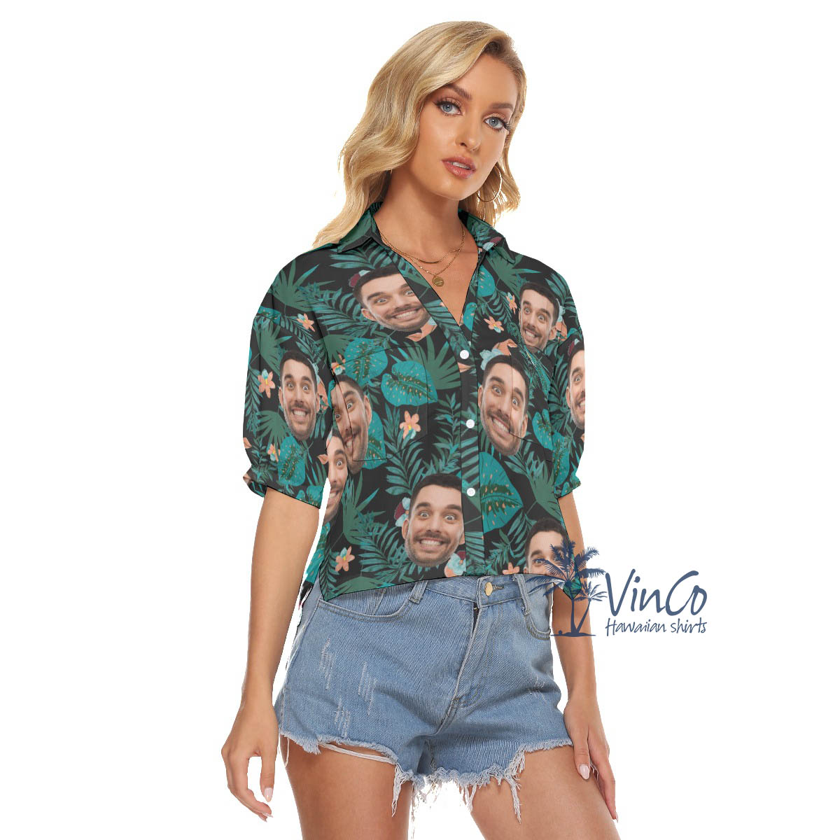 Funny Personalize Face Hawaiian Cropped Shirt For Women