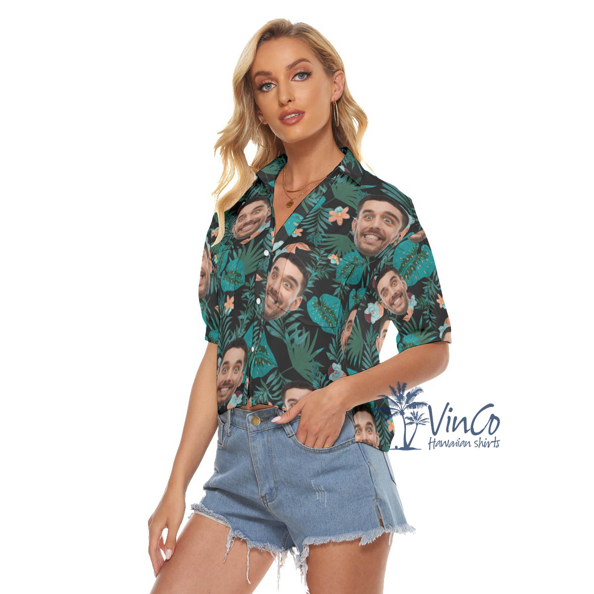 Funny Personalize Face Hawaiian Cropped Shirt For Women