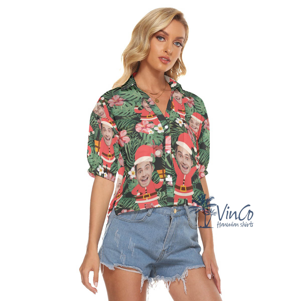 Funny Santa Claus Custom Face Christmas Hawaiian Crop Top Shirt