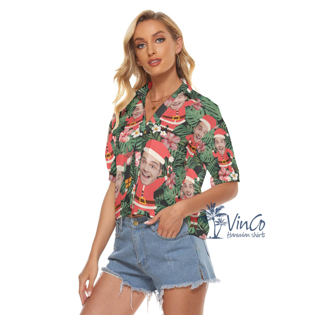 Funny Santa Claus Custom Face Christmas Hawaiian Crop Top Shirt