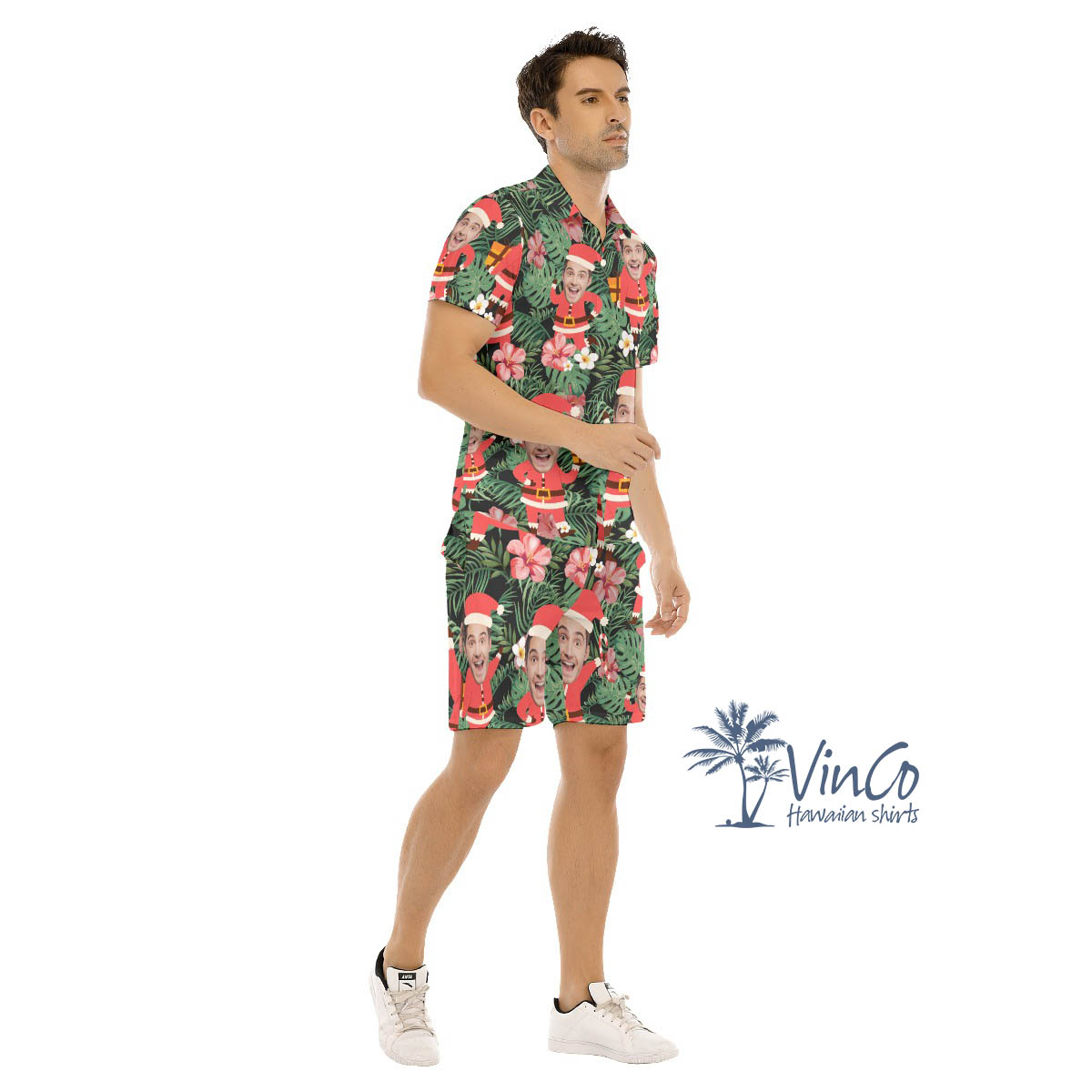 Set Custom Face Santa Claus Christmas Hawaiian Shirt And Shorts For Men