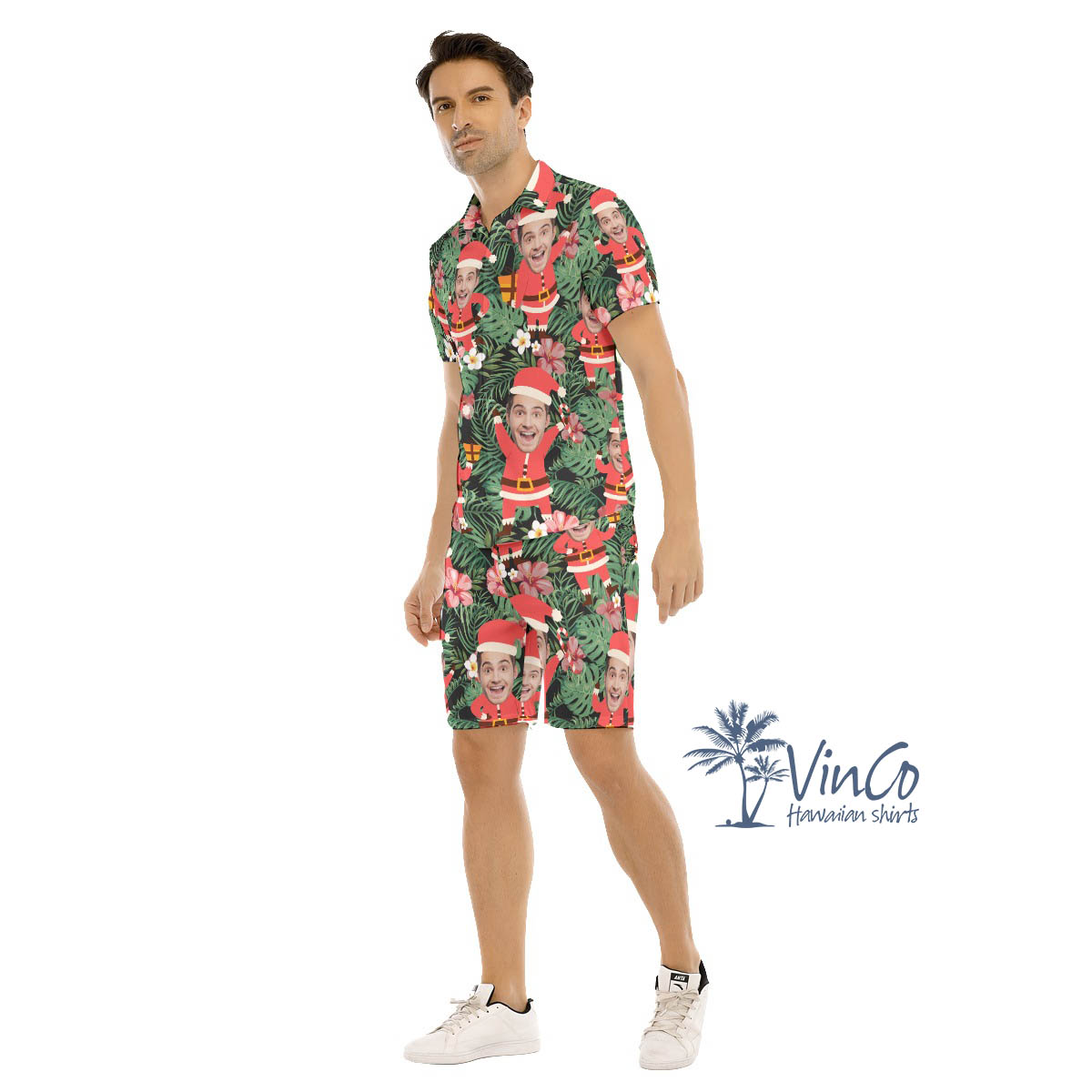 Set Custom Face Santa Claus Christmas Hawaiian Shirt And Shorts For Men