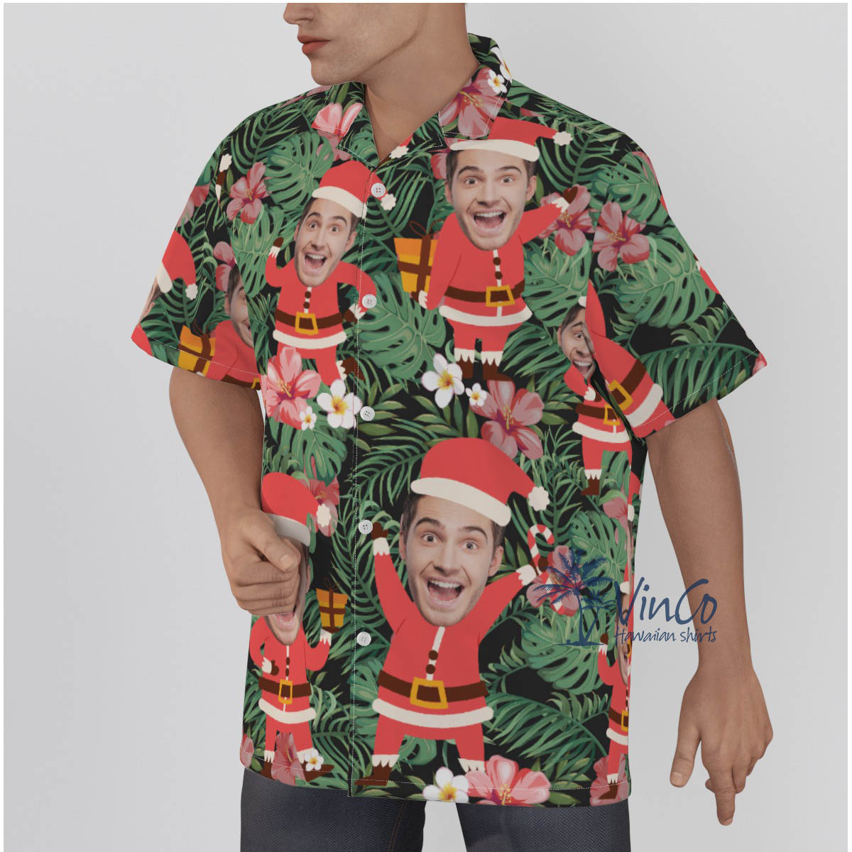 Funny Custom Face Santa Claus Floral Hawaiian Shirt
