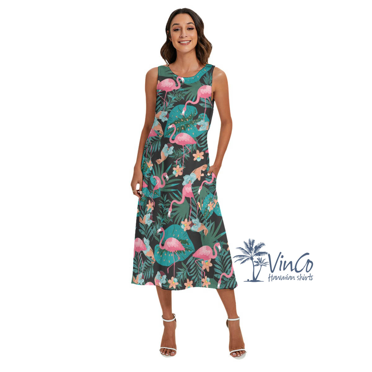 Pink Flamingo Long Hawaiian Dress For Women