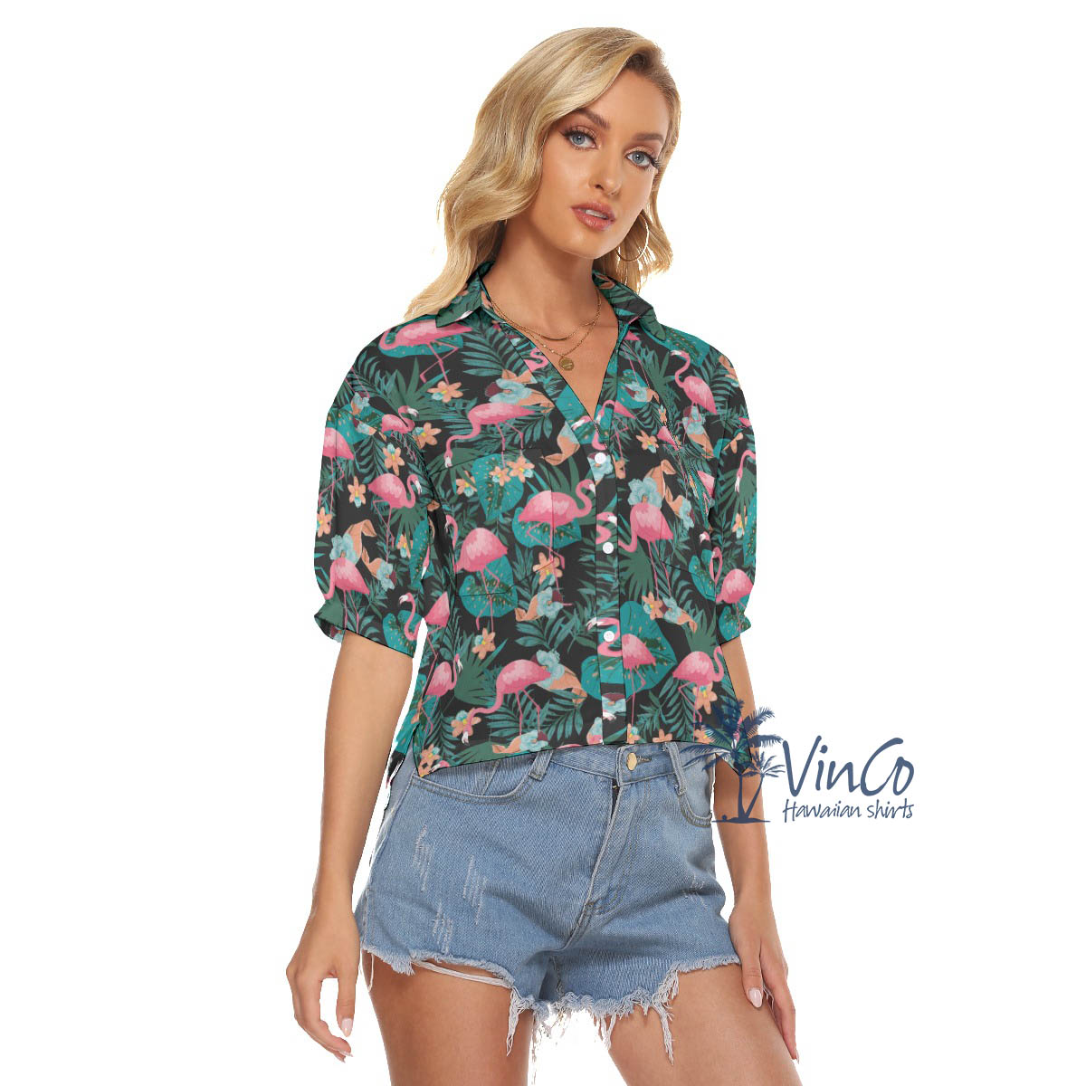 Pink Flamingo Hawaiian Cropped Shirt For Women