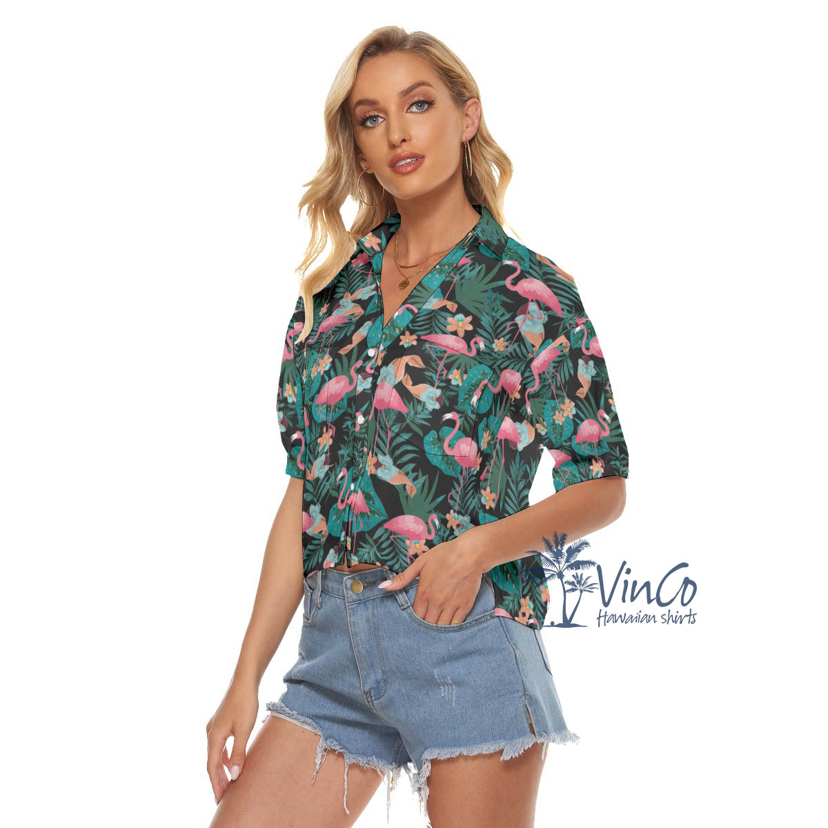 Pink Flamingo Hawaiian Cropped Shirt For Women