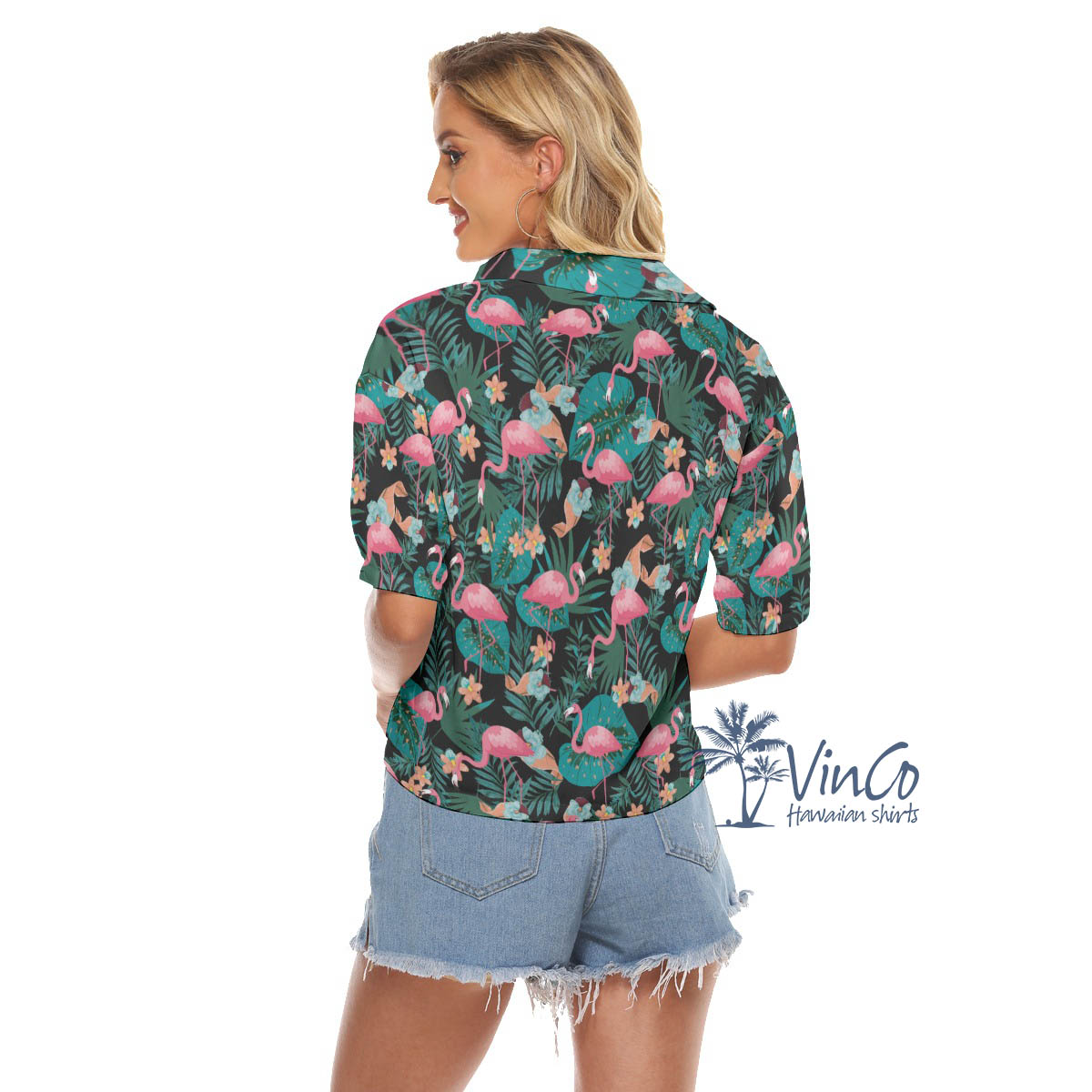 Pink Flamingo Hawaiian Cropped Shirt For Women