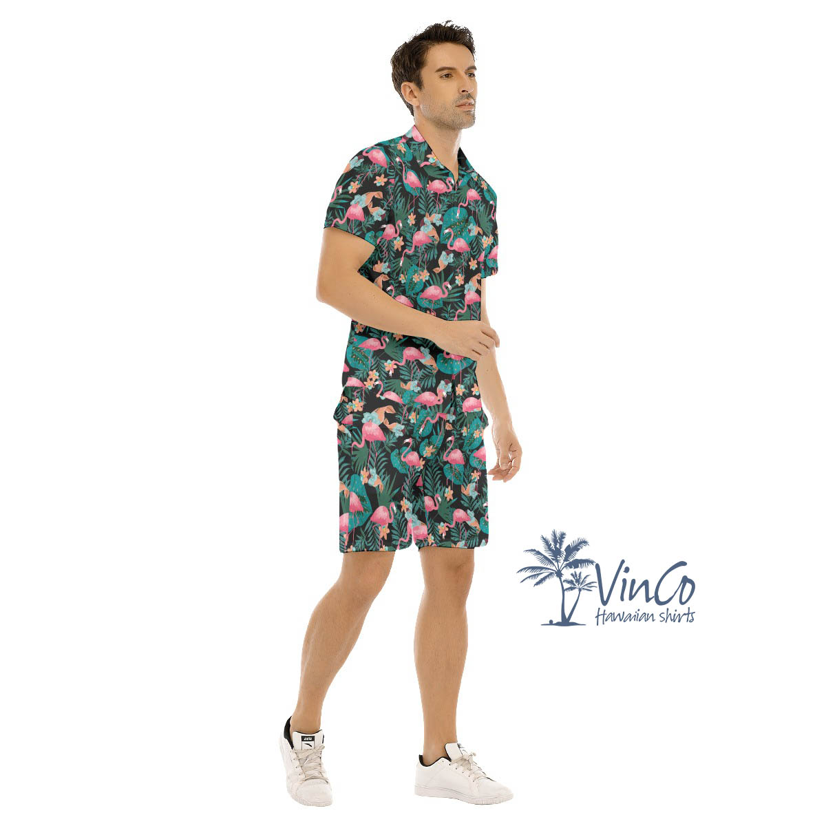 Pink Flamingo Tropical Button Shirt Set For Men