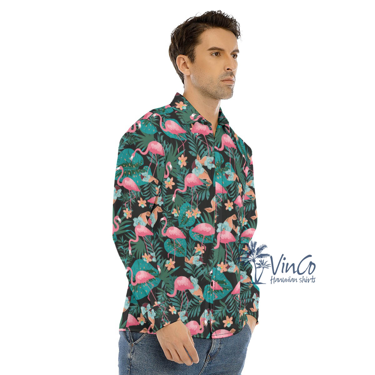 Tropical Pink Flamingo Long Sleeve Hawaiian Shirt For Men