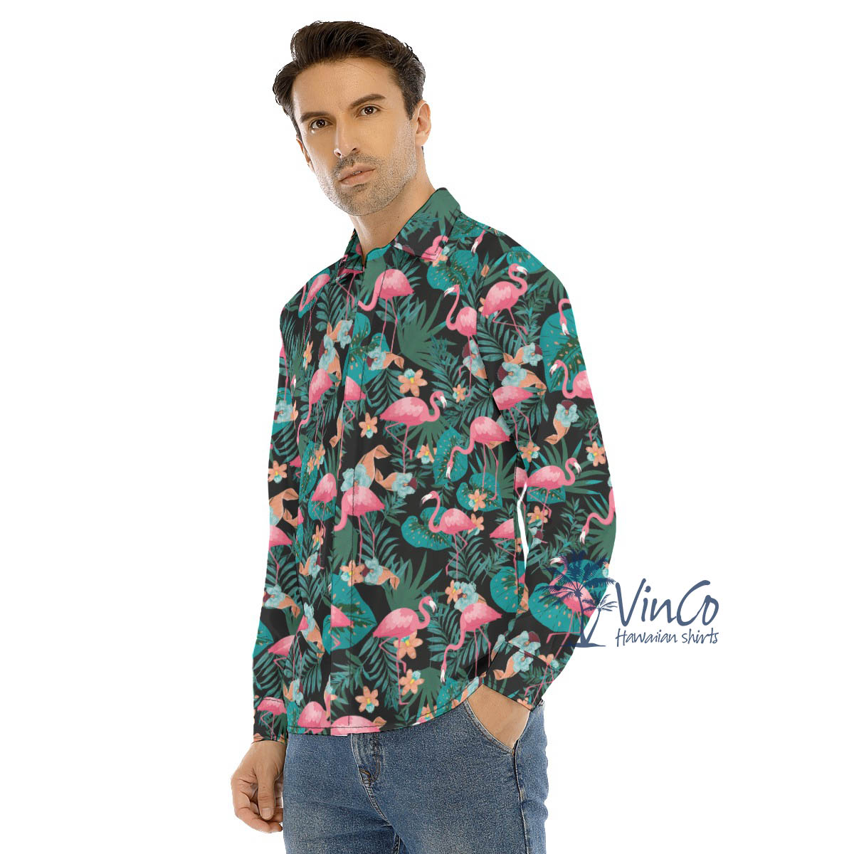 Tropical Pink Flamingo Long Sleeve Hawaiian Shirt For Men