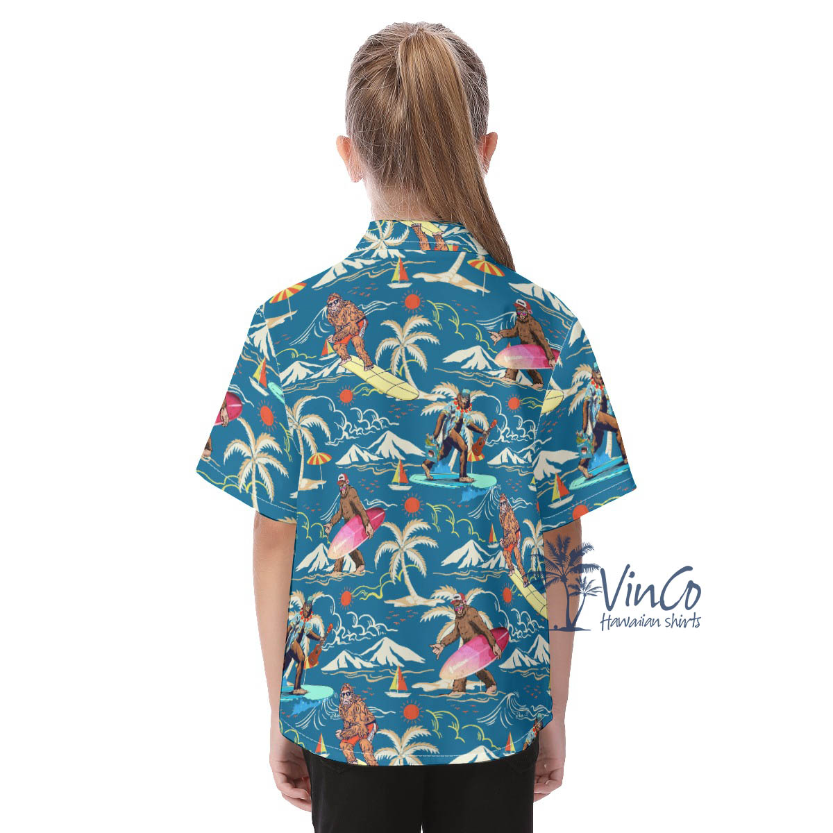 Blue Bigfoot Beach Hawaiian Button Up Shirt For Kids