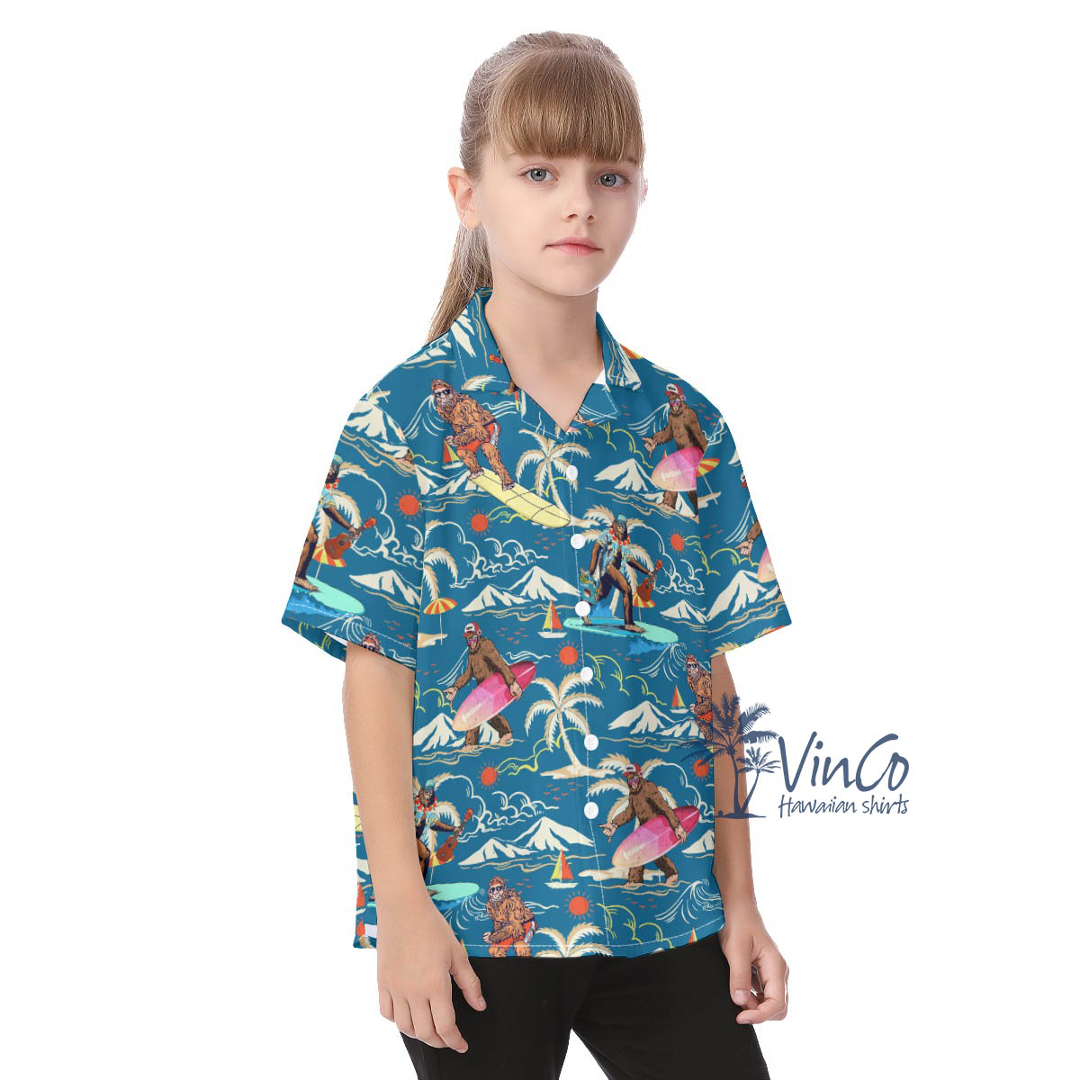 Blue Bigfoot Beach Hawaiian Button Up Shirt For Kids