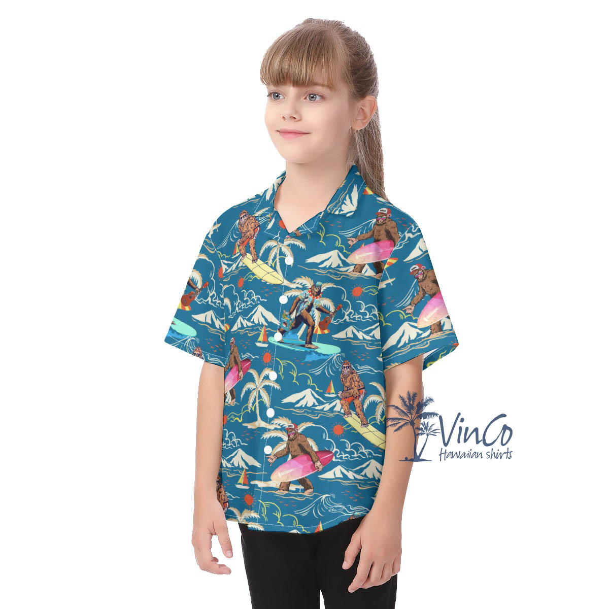 Blue Bigfoot Beach Hawaiian Button Up Shirt For Kids