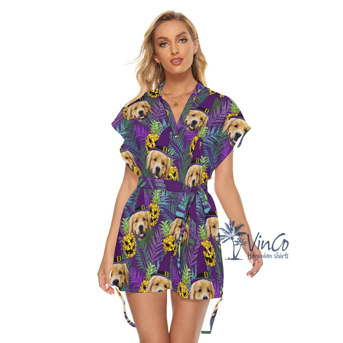 Custom Pet Face Halloween Hawaiian Dress For Women - variant image 1