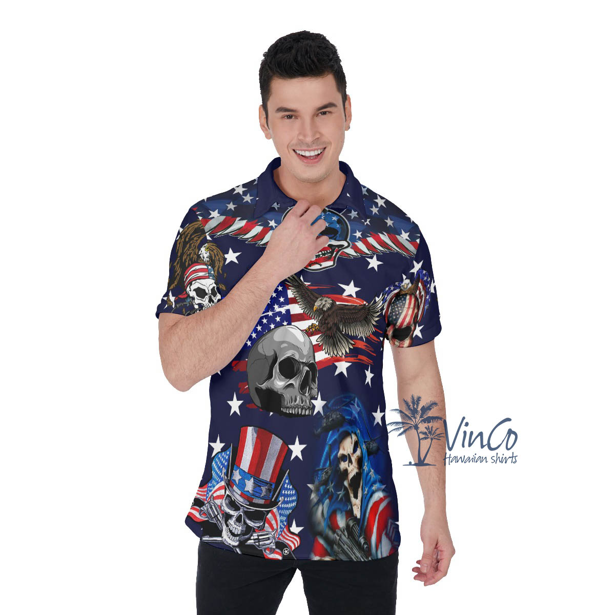 4th Of July Skull American Eagle Hawaiian Polo Shirt For Men - variant image 1