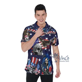4th Of July Skull American Eagle Hawaiian Polo Shirt For Men