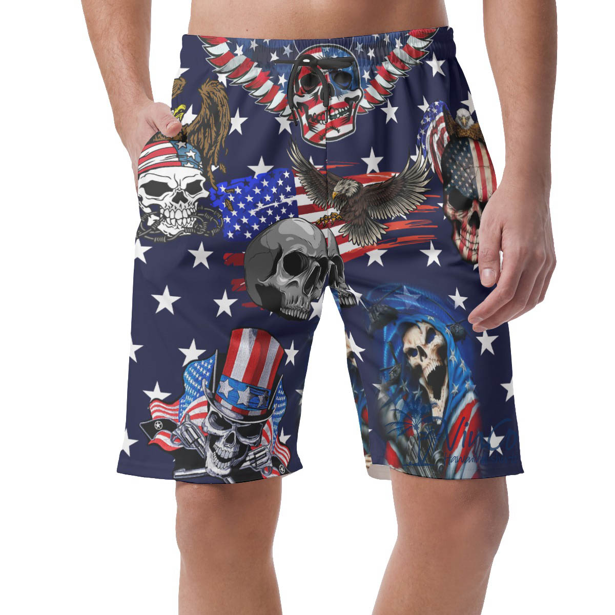 Funny Skull 4th Of July Hawaiian Beach Shorts For Men - variant image 1