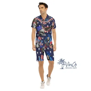 Set American Eagle Skull Patriotic Hawaiian Shirt And Shorts For Men